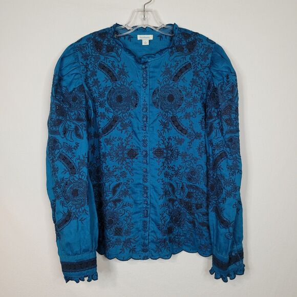 Sundance Rosetti Lace Teal Embroidered Womens L Button Up Top Victorian Romantic - Picture 1 of 13